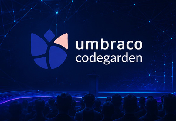 Illustration of the Umbraco Codegarden conference featuring a keynote stage, audience, and digital network graphics representing innovation and the future of Umbraco CMS.