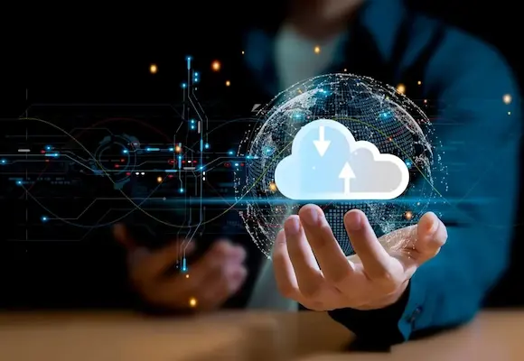 Man holding a digital image of a cloud based software